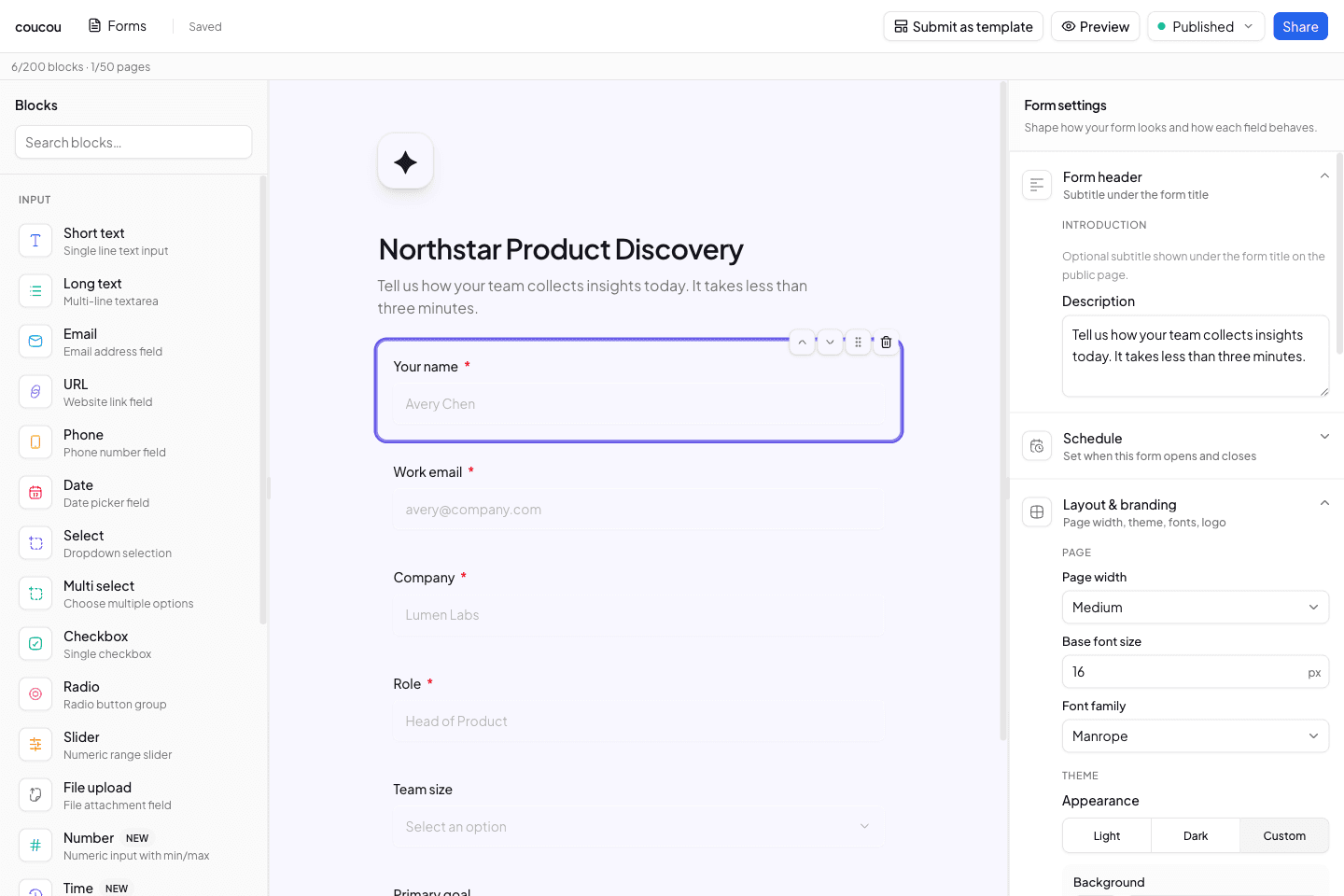 Coucou form builder with a selected name field and its layout and branding controls visible.