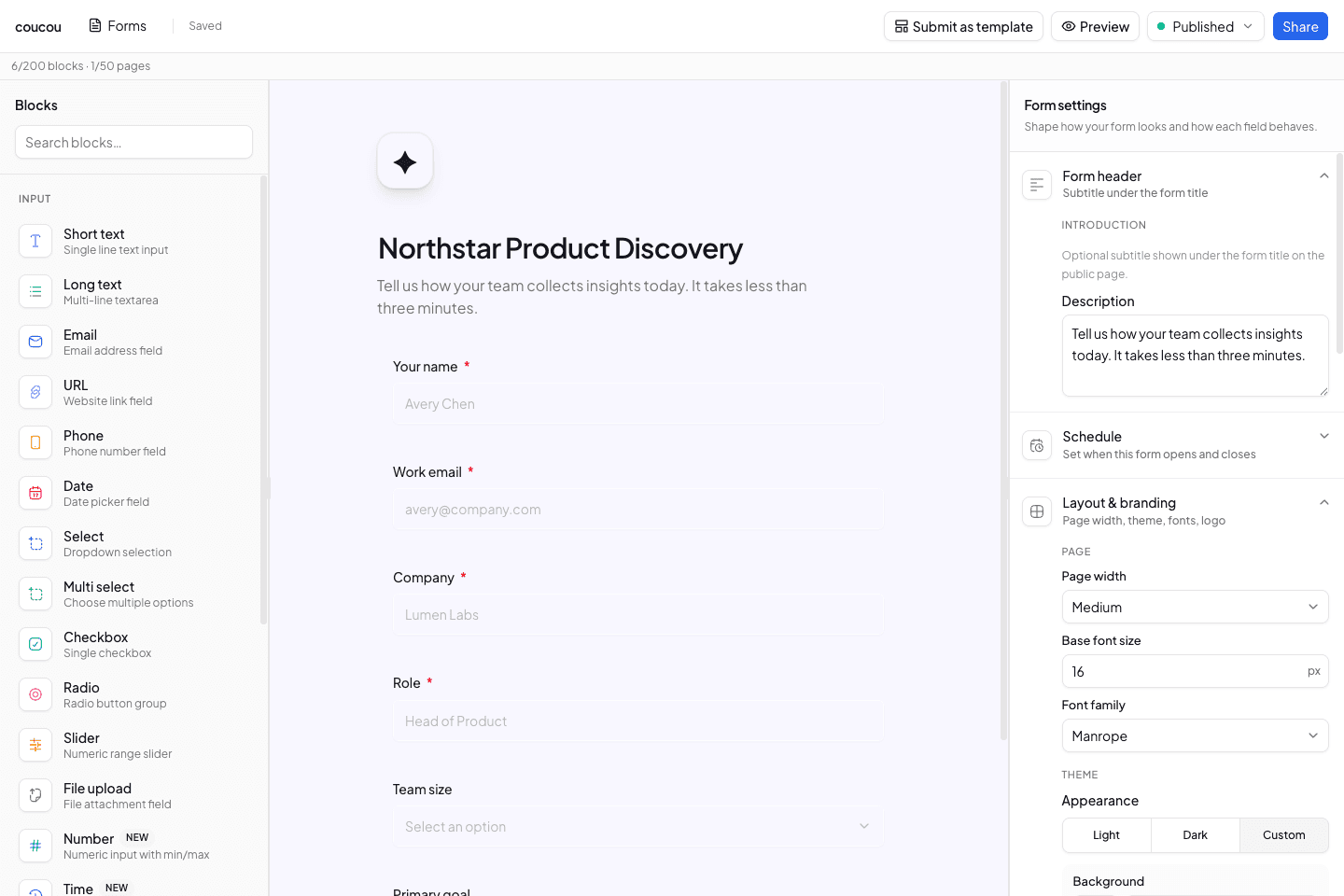 Coucou form builder showing the Northstar Product Discovery form, block palette, and form settings.