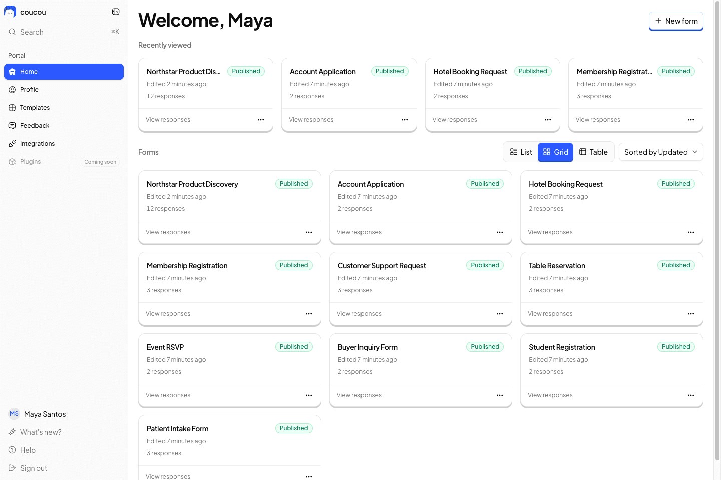 Coucou portal home showing Maya's published forms, response totals, and recent work in a clear grid.