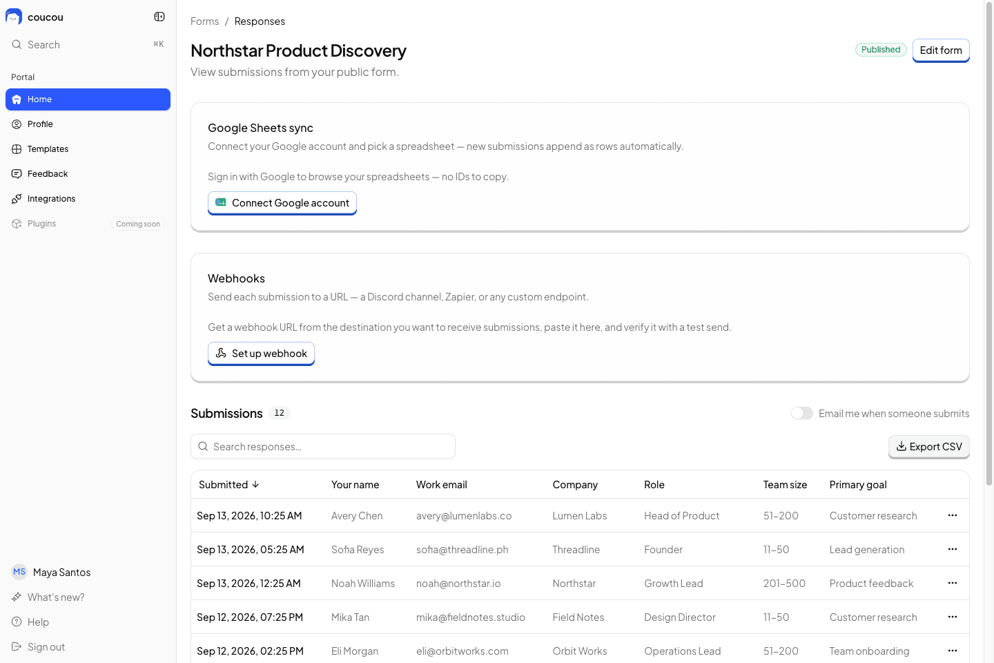 Coucou responses portal showing Northstar Product Discovery submissions and integration options.