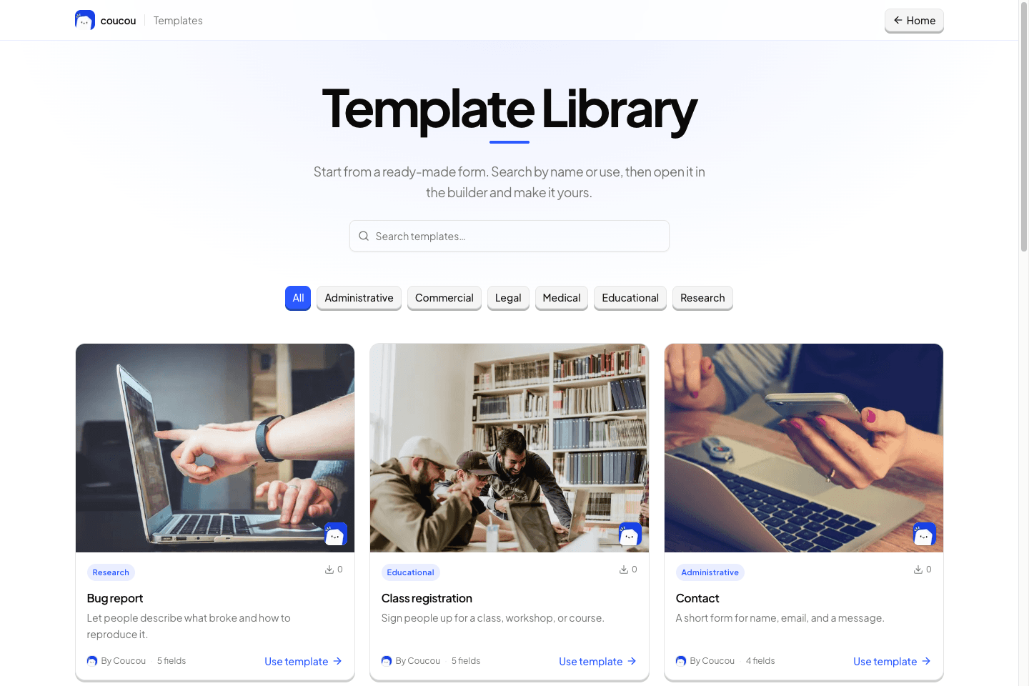 Coucou template library showing polished templates for research, education, and administration.